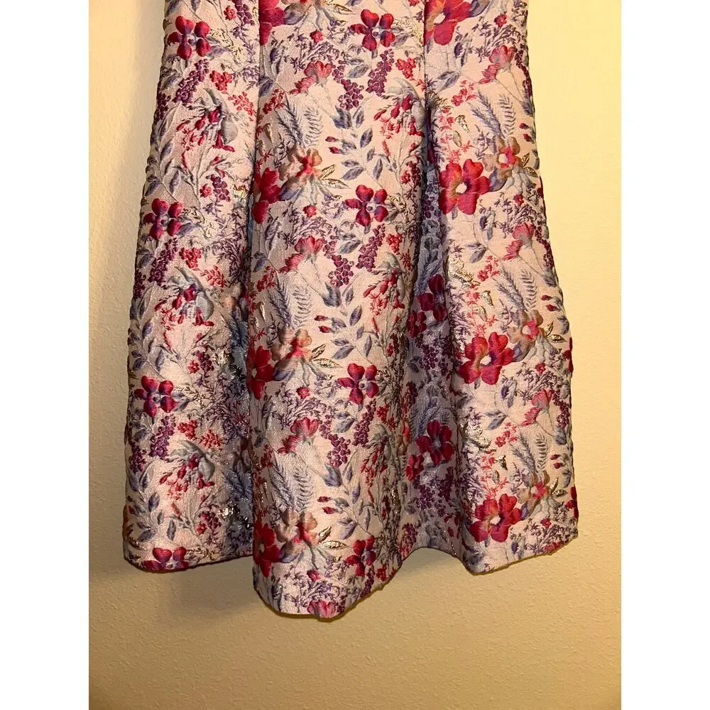 Aidan Mattox Floral Jacquard Dress 2 Pink Lilac Metallic Fit Flare Pockets Prom - Picture 7 of 13